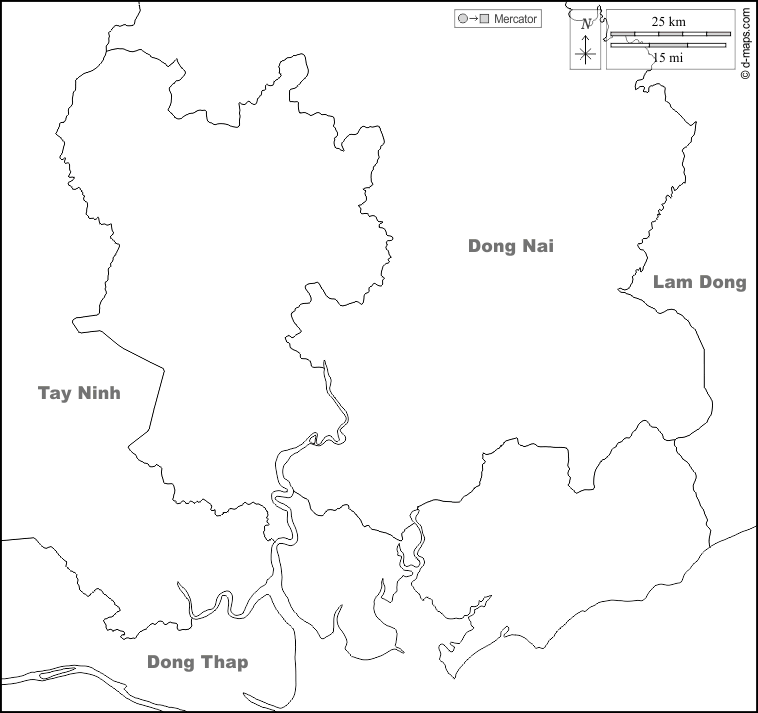 Ho-Chi-Minh-Stadt : d-maps.com: Kostenlose Karten, kostenlose stumme Karte, kostenlose unausgefüllt Landkarte, kostenlose hochauflösende Umrisskarte : Grenzen, Namen, weiß