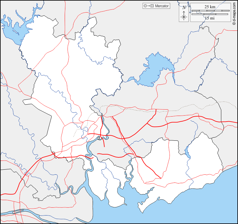 胡志明市 : d-maps.com: 免费地图, 免费的空白地图, 免费的轮廓地图, 免费基地地图 : 边界, 水文学, 道路