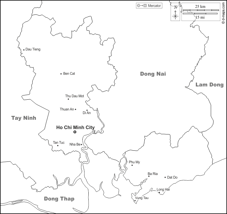 Ho-Chi-Minh-Stadt : d-maps.com: Kostenlose Karten, kostenlose stumme Karte, kostenlose unausgefüllt Landkarte, kostenlose hochauflösende Umrisskarte : Grenzen, Wichtige Städte, Namen, weiß