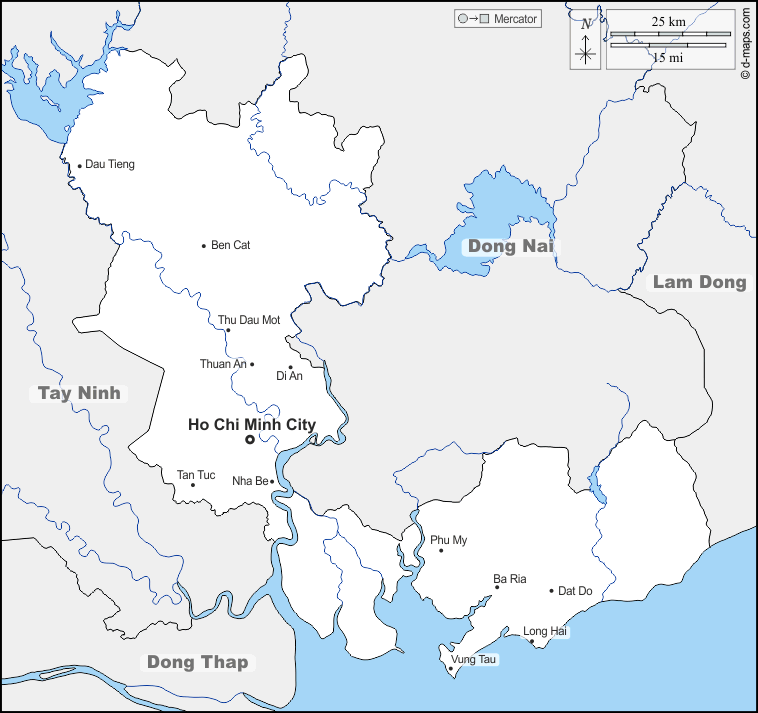 Ho-Chi-Minh-Stadt : d-maps.com: Kostenlose Karten, kostenlose stumme Karte, kostenlose unausgefüllt Landkarte, kostenlose hochauflösende Umrisskarte : Grenzen, Hydrografie, Wichtige Städte, Namen