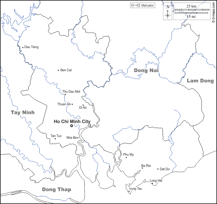Ho-Chi-Minh-Stadt : d-maps.com: Kostenlose Karten, kostenlose stumme Karte, kostenlose unausgefüllt Landkarte, kostenlose hochauflösende Umrisskarte : Grenzen, Hydrografie, Wichtige Städte, Namen, weiß