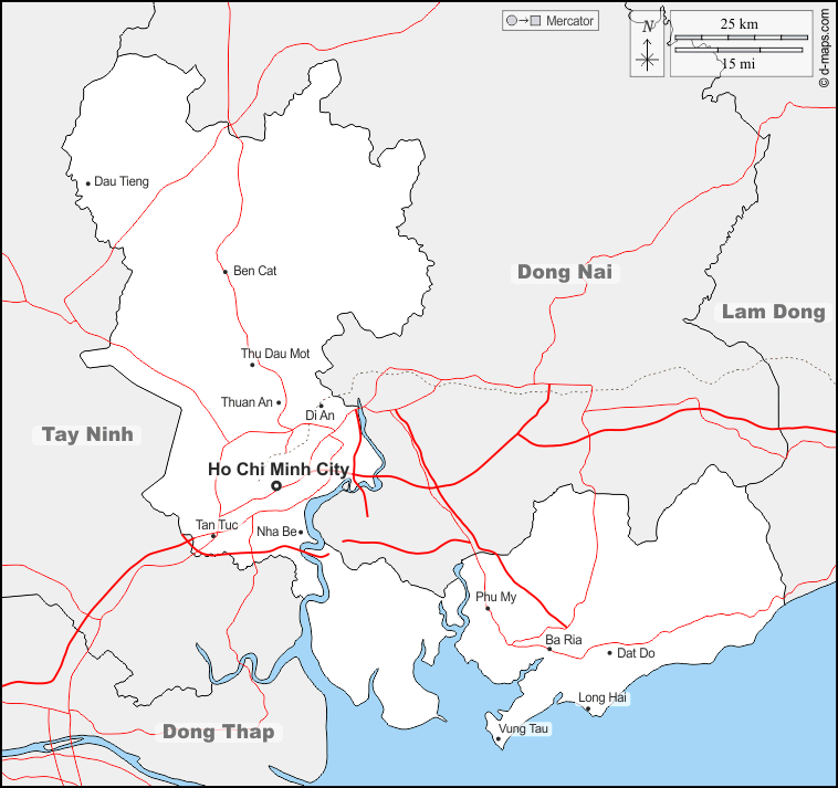 Ho-Chi-Minh-Stadt : d-maps.com: Kostenlose Karten, kostenlose stumme Karte, kostenlose unausgefüllt Landkarte, kostenlose hochauflösende Umrisskarte : Grenzen, Wichtige Städte, Straßen, Namen