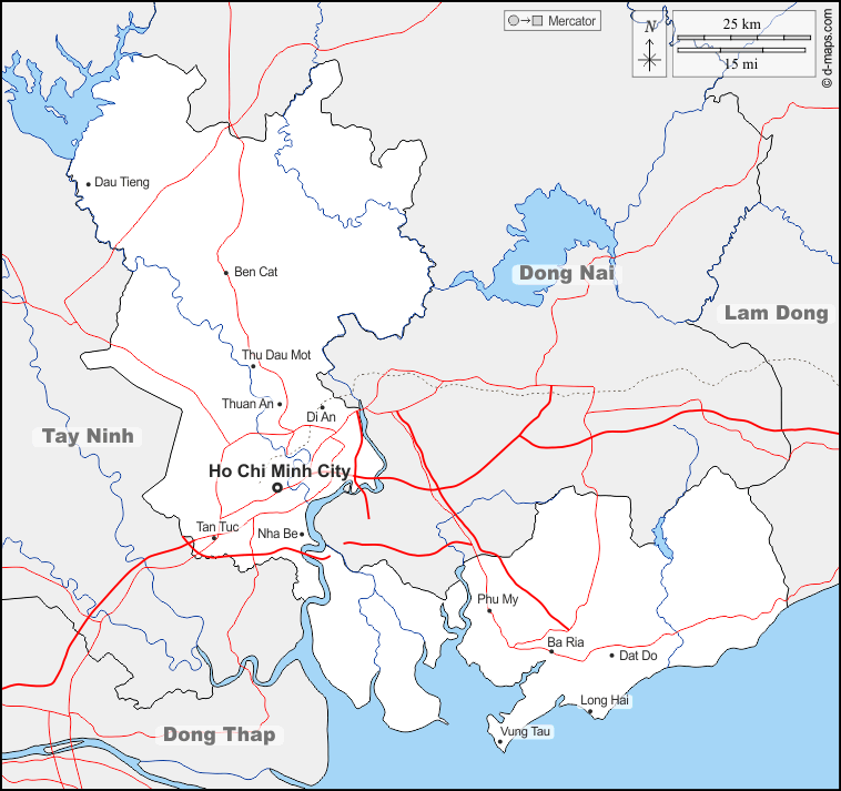 Città di Ho Chi Minh  : d-maps.com: mappa gratuita, mappa muta gratuita, cartina muta gratuita : frontiere, idrografia, principali città, strade, nomi