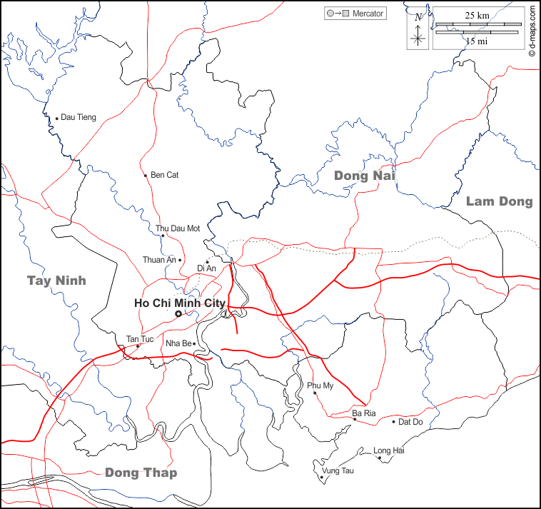 Ho-Chi-Minh-Stadt : d-maps.com: Kostenlose Karten, kostenlose stumme Karte, kostenlose unausgefüllt Landkarte, kostenlose hochauflösende Umrisskarte : Grenzen, Hydrografie, Wichtige Städte, Straßen, Namen, weiß
