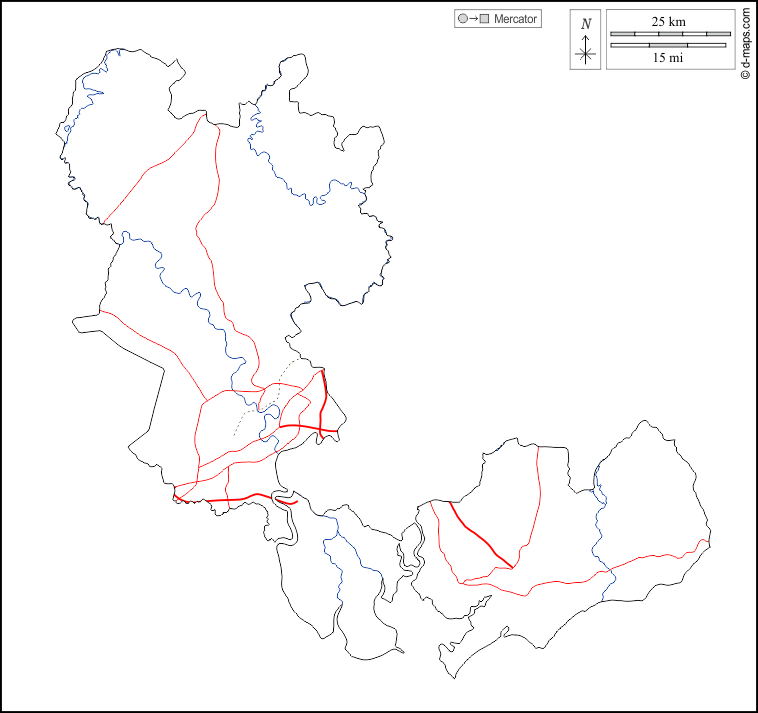 Ho-Chi-Minh-Stadt : d-maps.com: Kostenlose Karten, kostenlose stumme Karte, kostenlose unausgefüllt Landkarte, kostenlose hochauflösende Umrisskarte : Umrisse, Hydrografie, Straßen, weiß
