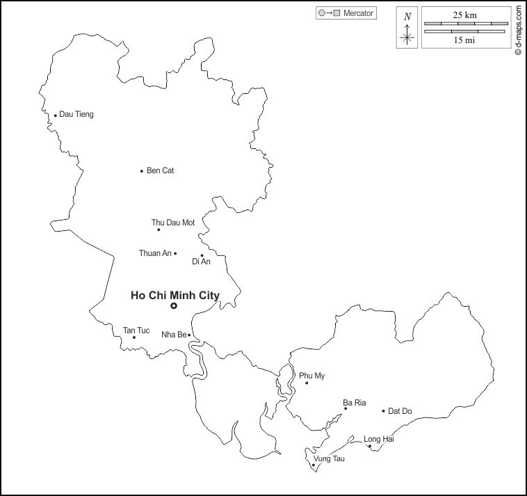 Ho-Chi-Minh-Stadt : d-maps.com: Kostenlose Karten, kostenlose stumme Karte, kostenlose unausgefüllt Landkarte, kostenlose hochauflösende Umrisskarte : Umrisse, Wichtige Städte, Namen, weiß