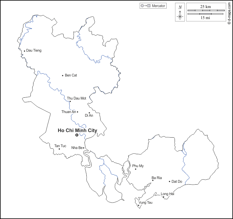 Ho-Chi-Minh-Stadt : d-maps.com: Kostenlose Karten, kostenlose stumme Karte, kostenlose unausgefüllt Landkarte, kostenlose hochauflösende Umrisskarte : Umrisse, Hydrografie, Wichtige Städte, Namen, weiß