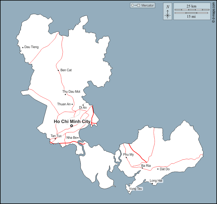 Ho-Chi-Minh-Stadt : d-maps.com: Kostenlose Karten, kostenlose stumme Karte, kostenlose unausgefüllt Landkarte, kostenlose hochauflösende Umrisskarte : Umrisse, Wichtige Städte, Straßen, Namen