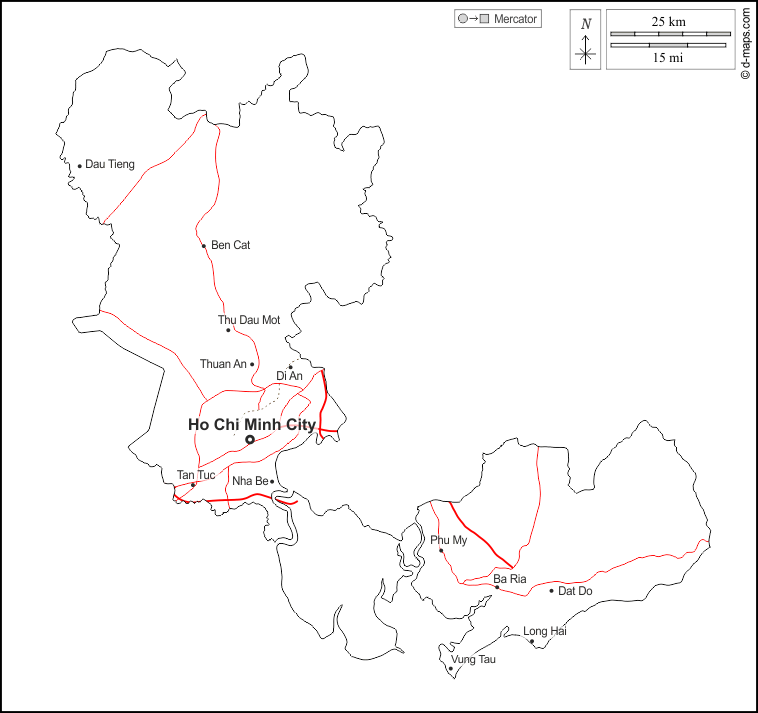 Ho-Chi-Minh-Stadt : d-maps.com: Kostenlose Karten, kostenlose stumme Karte, kostenlose unausgefüllt Landkarte, kostenlose hochauflösende Umrisskarte : Umrisse, Wichtige Städte, Straßen, Namen, weiß