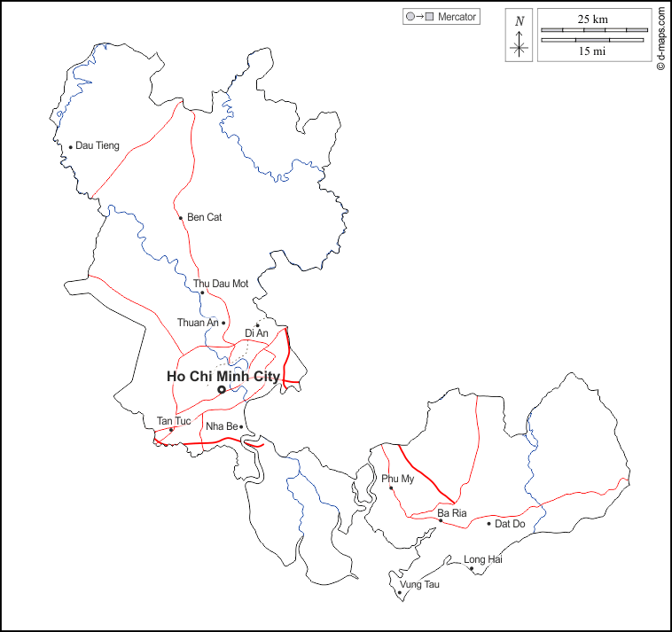 Ho-Chi-Minh-Stadt : d-maps.com: Kostenlose Karten, kostenlose stumme Karte, kostenlose unausgefüllt Landkarte, kostenlose hochauflösende Umrisskarte : Umrisse, Hydrografie, Wichtige Städte, Straßen, Namen, weiß