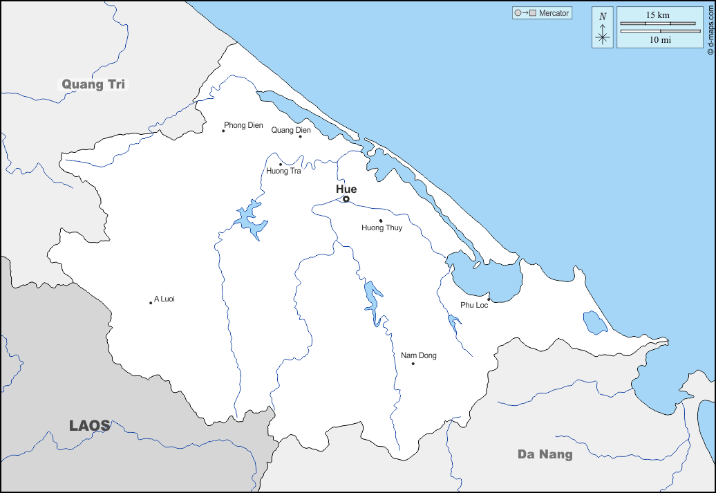 順化市 : d-maps.com: 免费地图, 免费的空白地图, 免费的轮廓地图, 免费基地地图 : 边界, 水文学, 主要城市, 名称