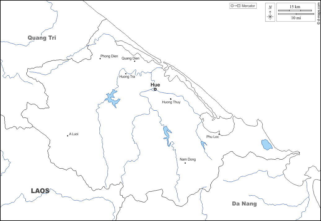 順化市 : d-maps.com: 免费地图, 免费的空白地图, 免费的轮廓地图, 免费基地地图 : 边界, 水文学, 主要城市, 名称, 白