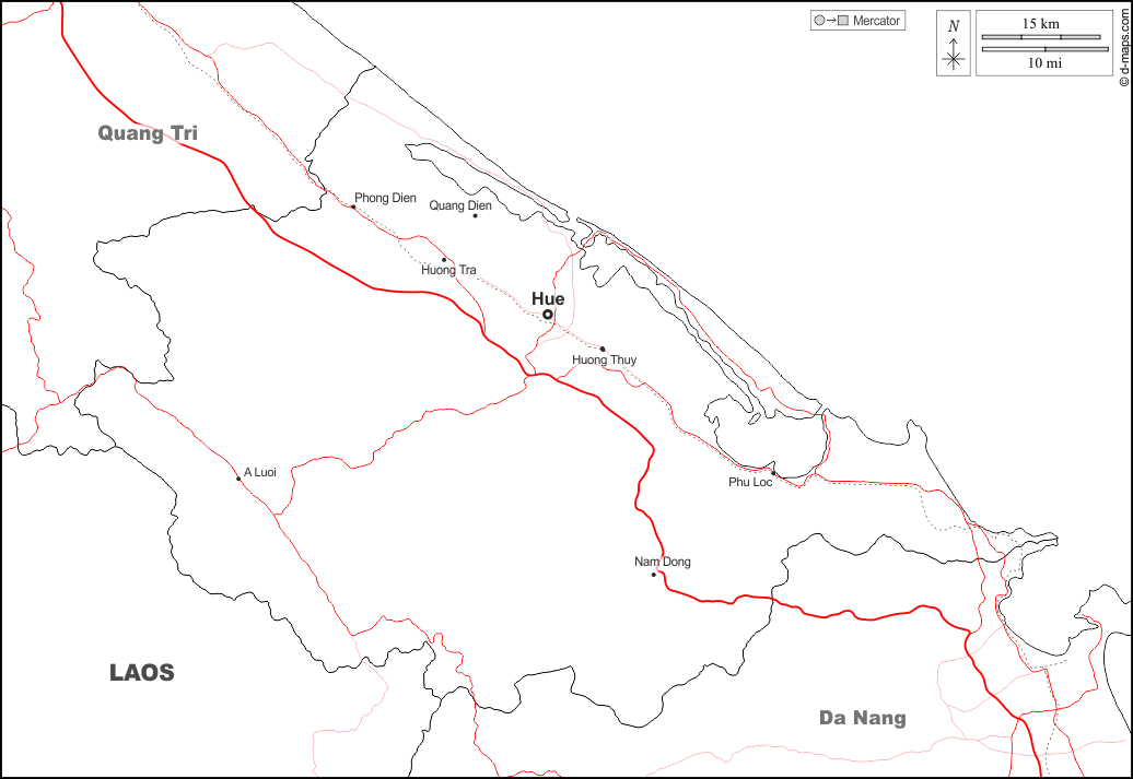 順化市 : d-maps.com: 免费地图, 免费的空白地图, 免费的轮廓地图, 免费基地地图 : 边界, 主要城市, 道路, 名称, 白