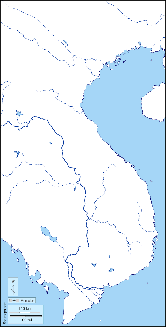 Vietnam : d-maps.com: mappa gratuita, mappa muta gratuita, cartina muta gratuita : litorali, idrografia, bianco