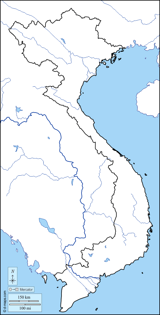 Vietnam : d-maps.com: mappa gratuita, mappa muta gratuita, cartina muta gratuita : litorali, limiti, idrografia, bianco