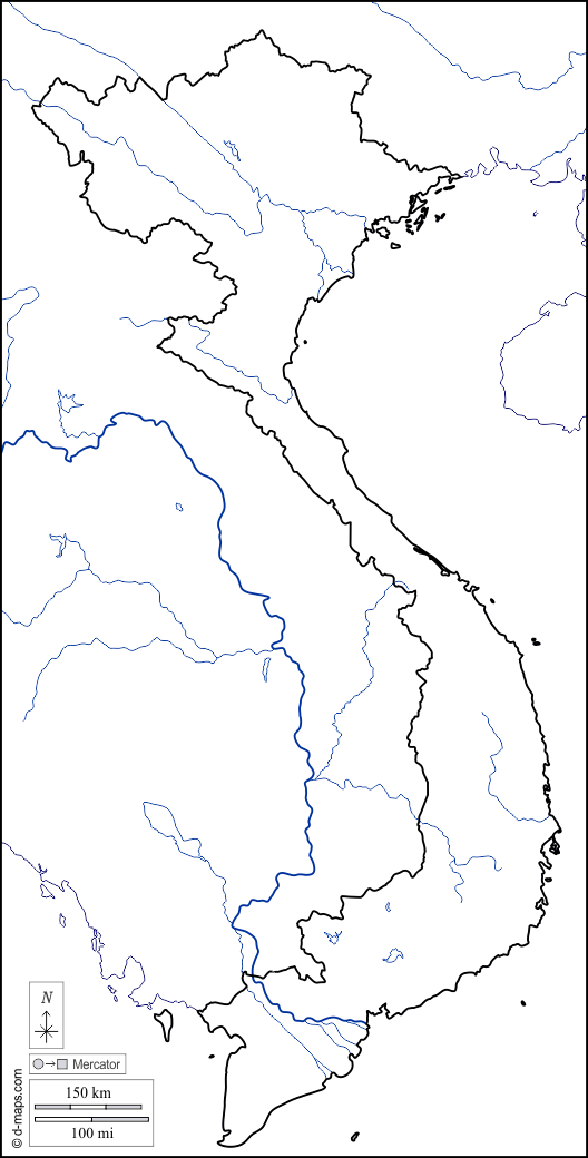 Vietnam : d-maps.com: mappa gratuita, mappa muta gratuita, cartina muta gratuita : litorali, limiti, idrografia