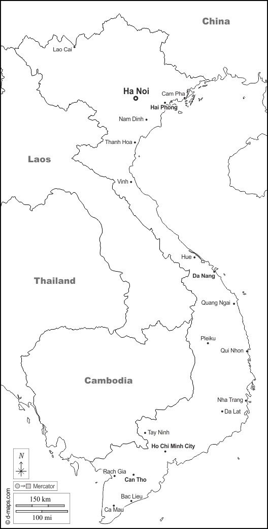 Vietnam : d-maps.com: mappa gratuita, mappa muta gratuita, cartina muta gratuita : frontiere, principali città, nomi, bianco