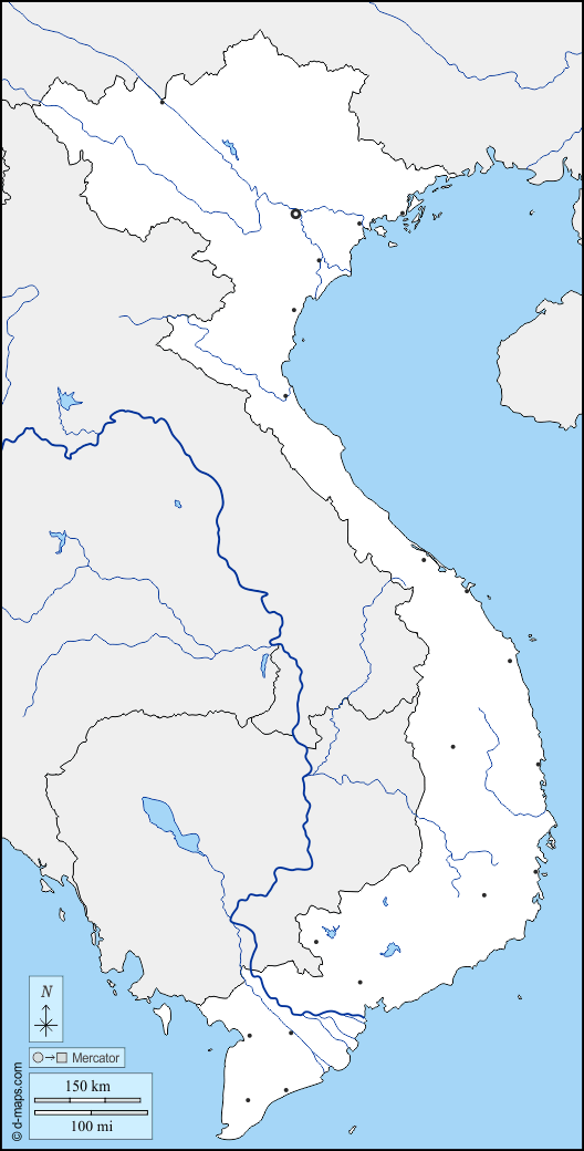 Vietnam : d-maps.com: Kostenlose Karten, kostenlose stumme Karte, kostenlose unausgefüllt Landkarte, kostenlose hochauflösende Umrisskarte : Grenzen, Hydrografie, Wichtige Städte