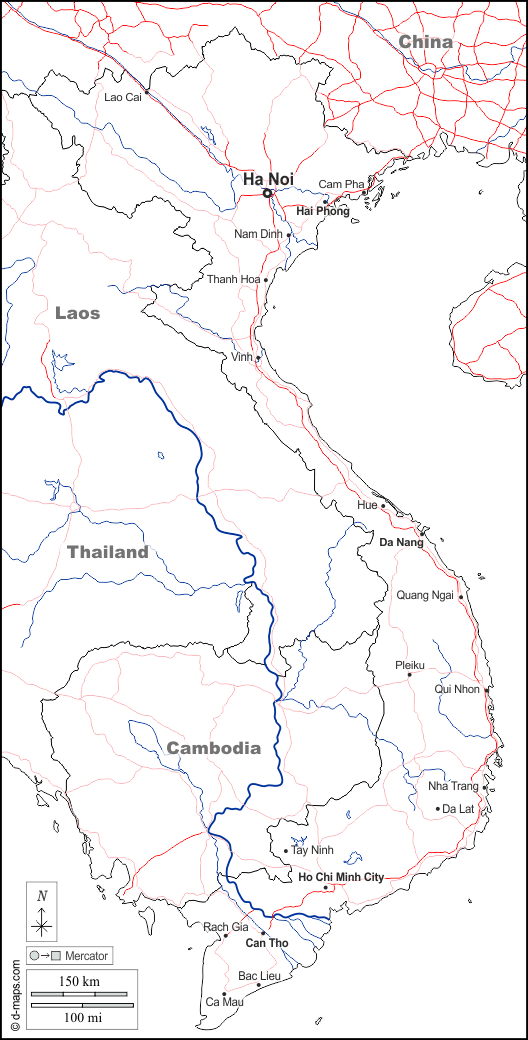 Vietnam : d-maps.com: free map, free blank map, free outline map, free base map : boundaries, hydrography, main cities, roads, names, white