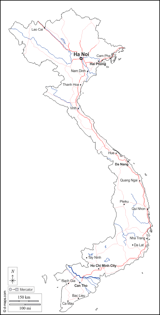Vietnam : d-maps.com: free map, free blank map, free outline map, free base map : outline, hydrography, main cities, roads, names, white