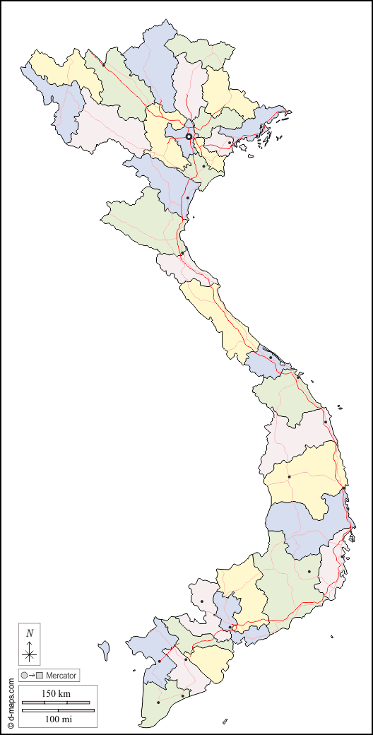 Vietnam : d-maps.com: free map, free blank map, free outline map, free base map : outline, provinces, main cities, roads, color, white