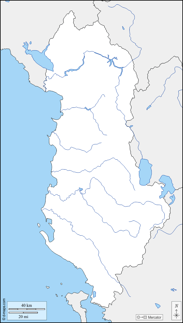 Albanien : d-maps.com: Kostenlose Karten, kostenlose stumme Karte, kostenlose unausgefüllt Landkarte, kostenlose hochauflösende Umrisskarte : Grenzen, Hydrografie