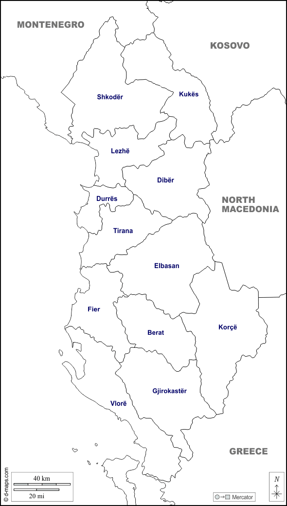 Albânia : d-maps.com: mapa livre, mapa em branco livre, mapa livre do esboço, mapa básico livre
 : fronteiras, prefeituras, nomes, branco