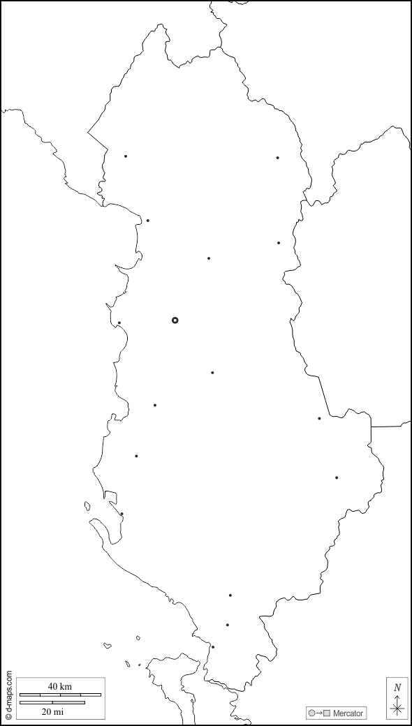 Albania : d-maps.com: mappa gratuita, mappa muta gratuita, cartina muta gratuita : frontiere, principali città, bianco