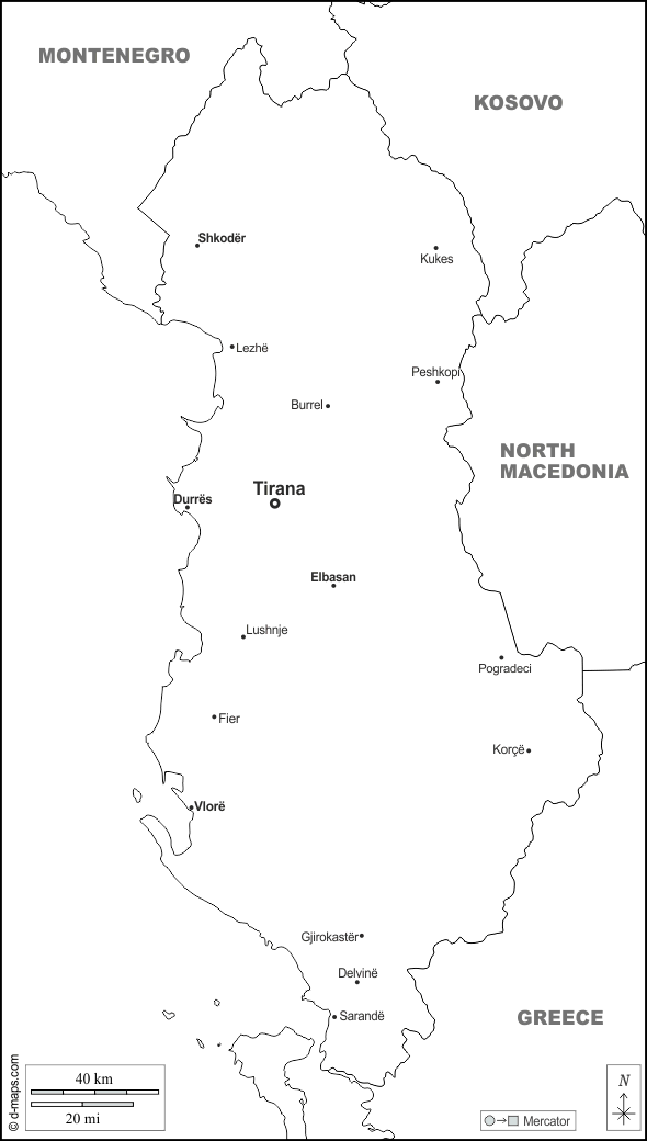 Albania : d-maps.com: mappa gratuita, mappa muta gratuita, cartina muta gratuita : frontiere, principali città, nomi, bianco