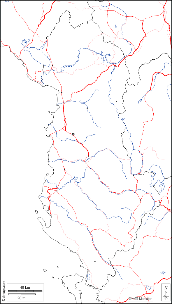 Albania : d-maps.com: mapa gratuito, mapa mudo gratuito, mapa en blanco gratuito, plantilla de mapa : fronteras, hidrografía, principales ciudades, carreteras, blanco