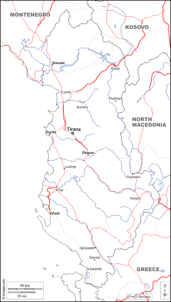 ألبانيا : خريطة مجانية, خريطة خاليه من الفراغ, خريطة الخطوط العريضة, خريطة القاعدة الحرة
 : حدود, هيدروغرافيا, المدن الرئيسية, الطرق, أسماء, أبيض