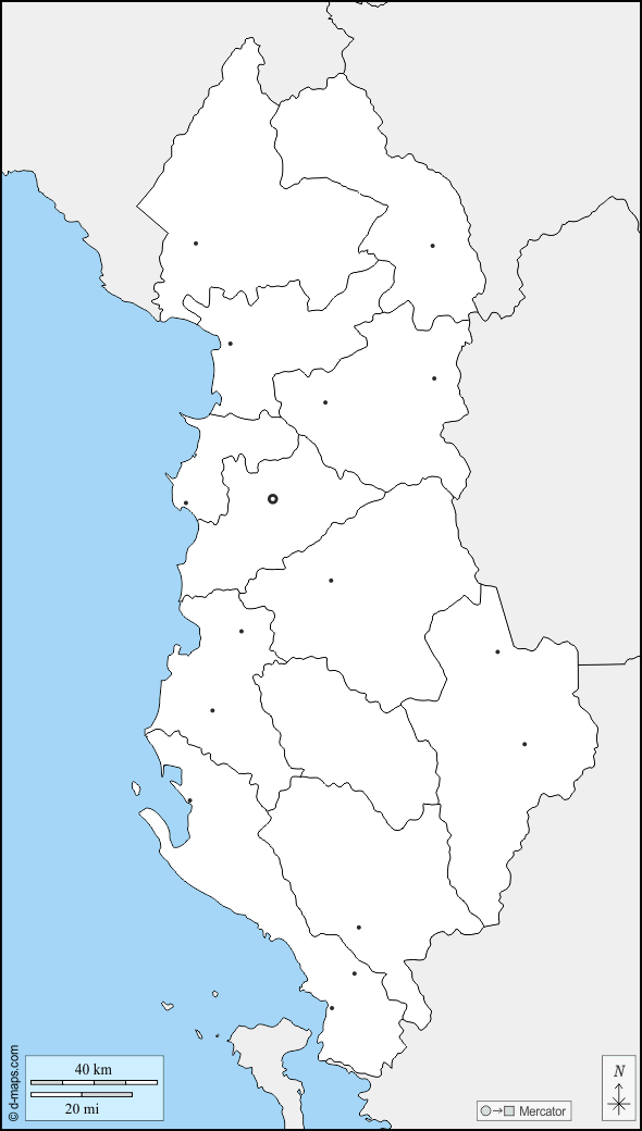アルバニア : d-maps.com: 無料地図, 無料の空の地図, 無料のアウトラインマップ, 無料のベースマップ
 : 境界, 都道府県, 主要都市