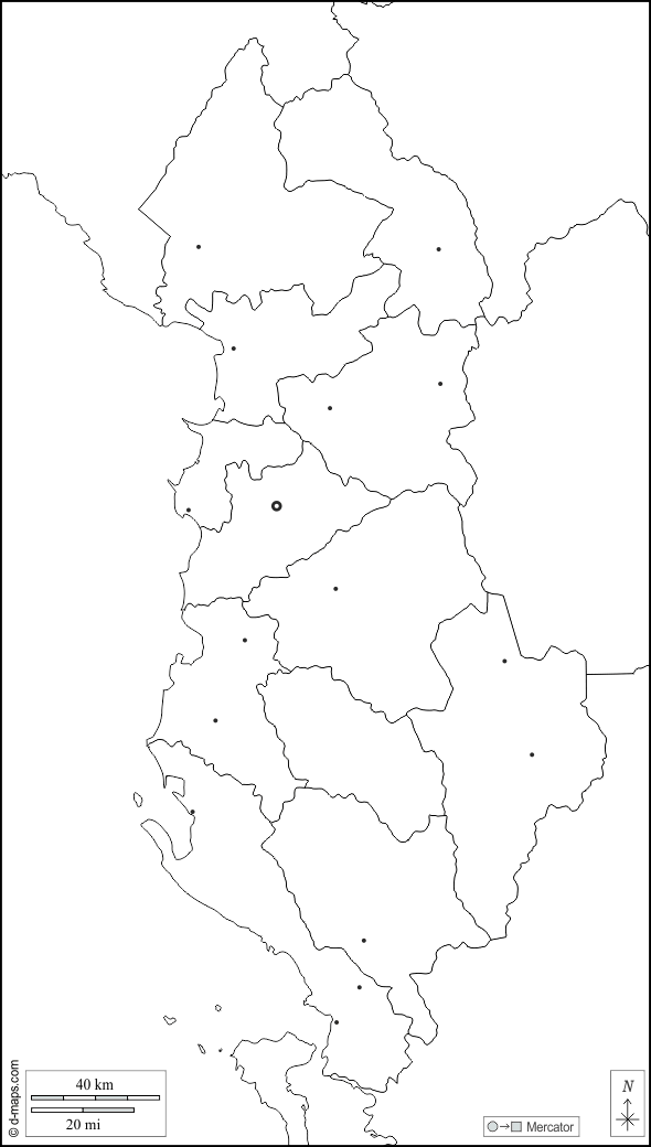 阿尔巴尼亚 : d-maps.com: 免费地图, 免费的空白地图, 免费的轮廓地图, 免费基地地图 : 边界, 县, 主要城市, 白