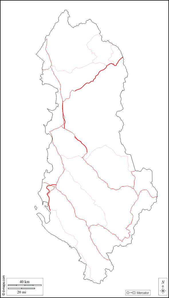 Albanien : d-maps.com: Kostenlose Karten, kostenlose stumme Karte, kostenlose unausgefüllt Landkarte, kostenlose hochauflösende Umrisskarte : Umrisse, Straßen, weiß