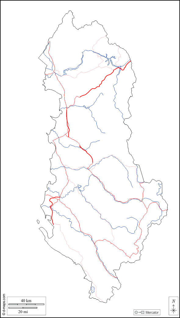 アルバニア : d-maps.com: 無料地図, 無料の空の地図, 無料のアウトラインマップ, 無料のベースマップ
 : 輪郭, 川と湖, 道路, 白い
