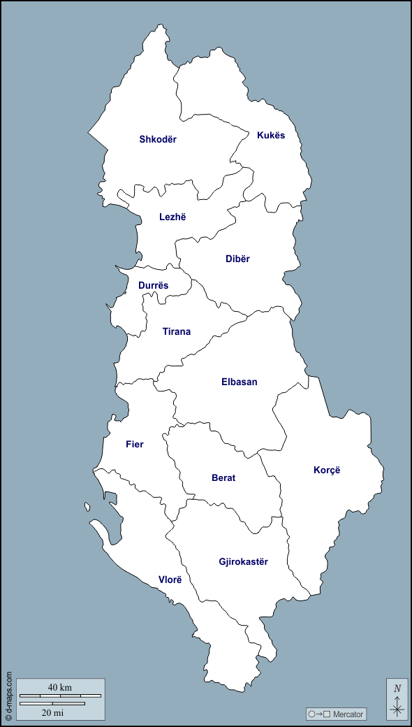 Albania : d-maps.com: mappa gratuita, mappa muta gratuita, cartina muta gratuita : contorni, prefetture, nomi