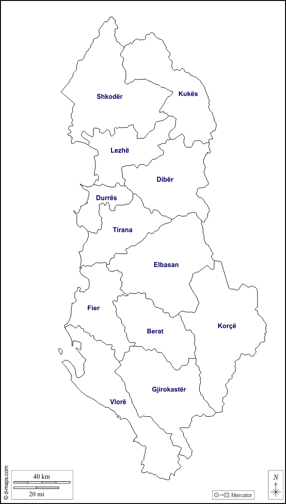 アルバニア : d-maps.com: 無料地図, 無料の空の地図, 無料のアウトラインマップ, 無料のベースマップ
 : 輪郭, 都道府県, 名前, 白い