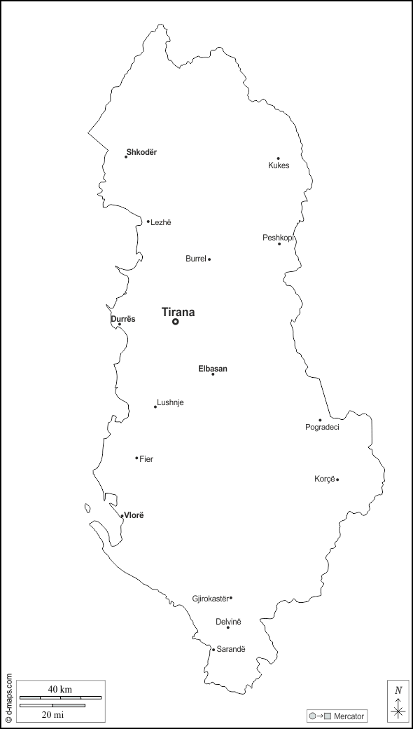 Albanien : d-maps.com: Kostenlose Karten, kostenlose stumme Karte, kostenlose unausgefüllt Landkarte, kostenlose hochauflösende Umrisskarte : Umrisse, Wichtige Städte, Namen, weiß