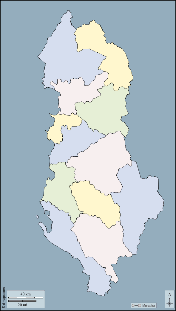 Albania : d-maps.com: mappa gratuita, mappa muta gratuita, cartina muta gratuita : contorni, prefetture, colore