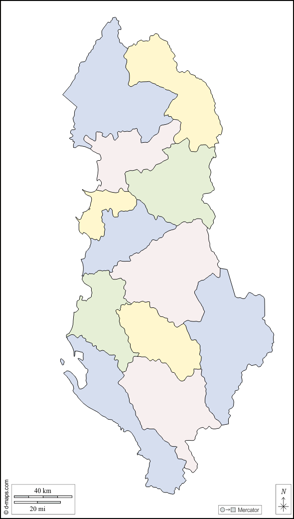 Albania : d-maps.com: mappa gratuita, mappa muta gratuita, cartina muta gratuita : contorni, prefetture, colore, bianco