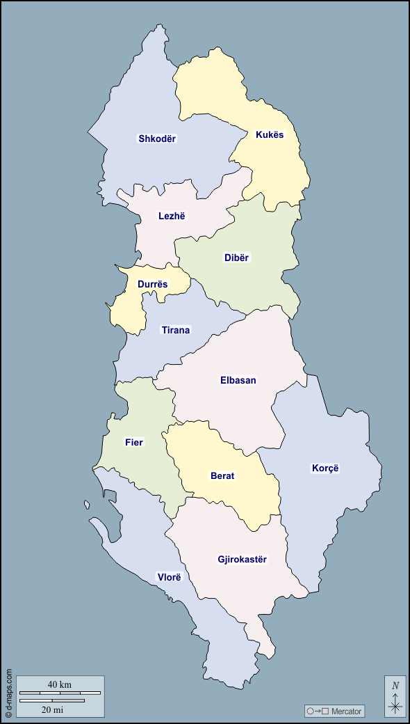 Albania : d-maps.com: mappa gratuita, mappa muta gratuita, cartina muta gratuita : contorni, prefetture, nomi, colore