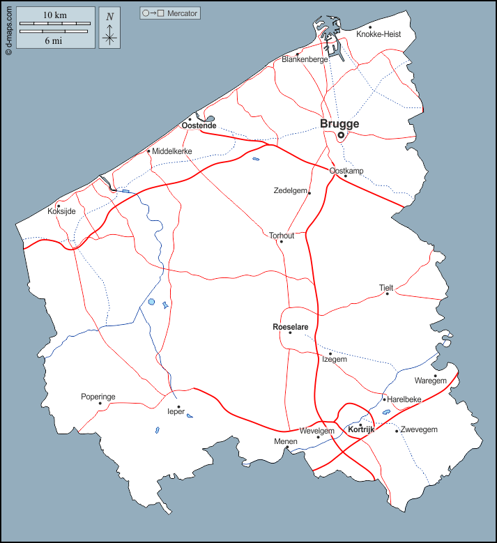 Province de Flandre-Occidentale : d-maps.com: carte géographique gratuite, carte géographique muette gratuite, carte vierge gratuite, fond de carte gratuit, formats graphiques courants : contours, hydrographie, principales villes, routes, noms