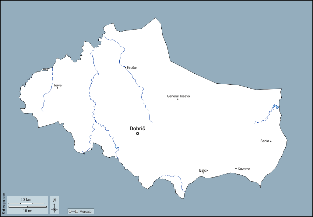 Distretto di Dobrič : d-maps.com: mappa gratuita, mappa muta gratuita, cartina muta gratuita : contorni, idrografia, principali città, nomi