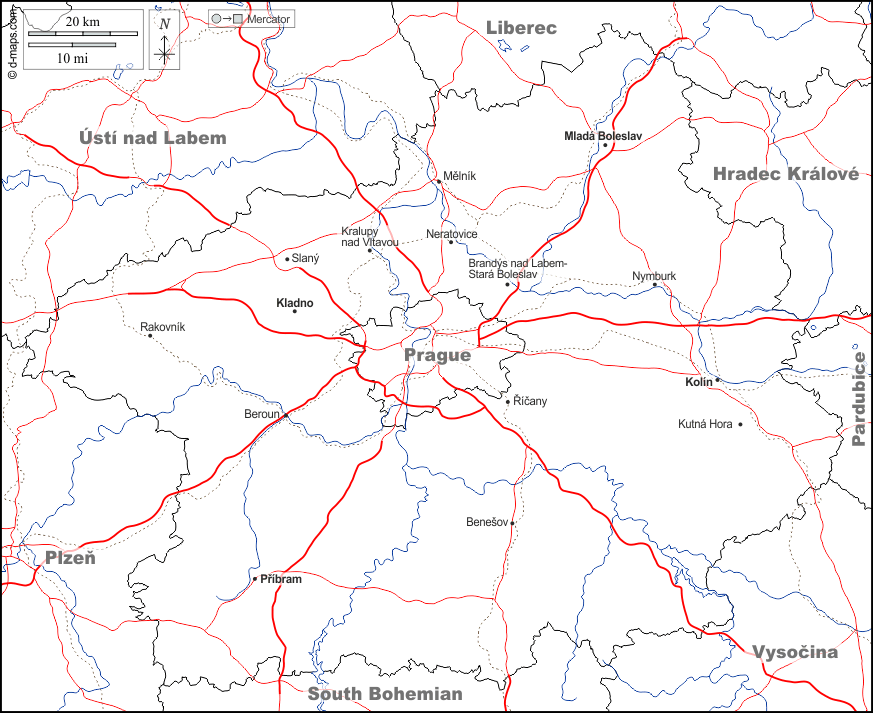 中央ボヘミア州 : d-maps.com: 無料地図, 無料の空の地図, 無料のアウトラインマップ, 無料のベースマップ
 : 境界, 川と湖, 主要都市, 道路, 名前, 白い