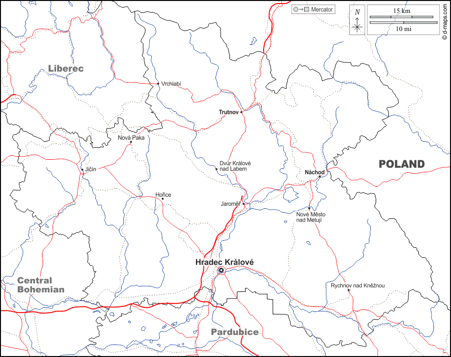Königgrätzer Region : d-maps.com: Kostenlose Karten, kostenlose stumme Karte, kostenlose unausgefüllt Landkarte, kostenlose hochauflösende Umrisskarte : Grenzen, Hydrografie, Wichtige Städte, Straßen, Namen, weiß