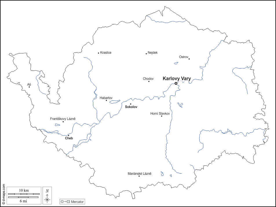 Karlovy Vary : d-maps.com: mapa livre, mapa em branco livre, mapa livre do esboço, mapa básico livre
 : contornos, hidrografia, principais cidades, nomes, branco