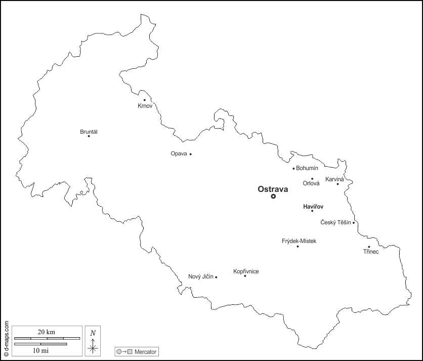 Moravia-Silesia : d-maps.com: mapa gratuito, mapa mudo gratuito, mapa en blanco gratuito, plantilla de mapa : contornos, principales ciudades, nombres, blanco