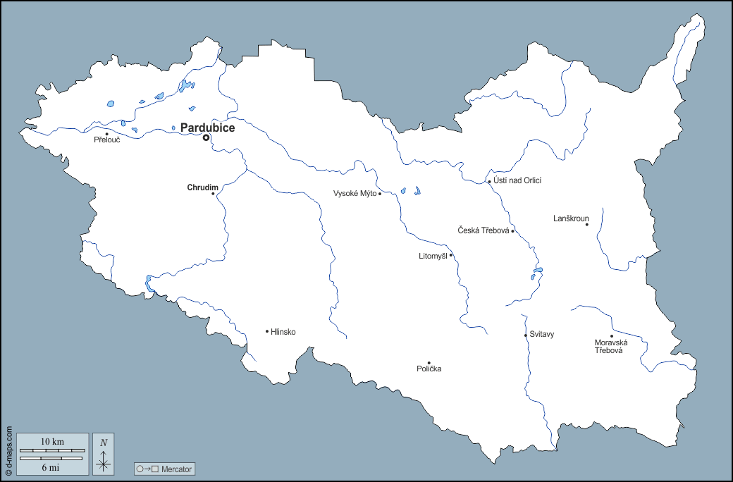 Пардубицкий край : d-maps.com: Бесплатная карта, бесплатная карта, свободная карта, Бесплатная базовая карта
 : контур, гидрографии, Главные города, имена