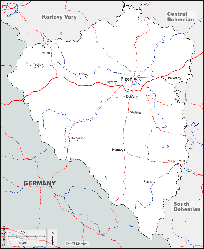Пльзеньский край : d-maps.com: Бесплатная карта, бесплатная карта, свободная карта, Бесплатная базовая карта
 : границы, гидрографии, Главные города, дорог, имена