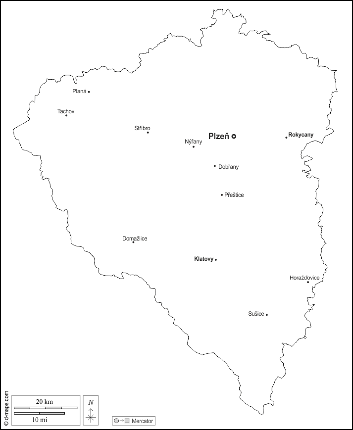 比爾森州 : d-maps.com: 免费地图, 免费的空白地图, 免费的轮廓地图, 免费基地地图 : 大纲, 主要城市, 名称, 白